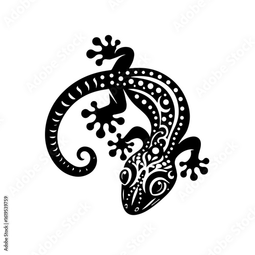 Ornate Black Gecko Silhouette with Tribal Patterns.