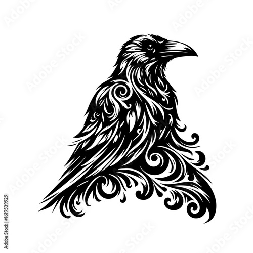Ornate Black Raven Tribal Tattoo Design.