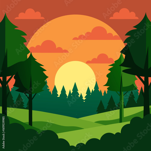 A view of the forest during sunset with lush green grass and trees vector landscape background.