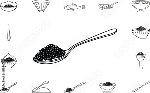 A monochrome illustration of caviar on a spoon with various bowls and a fish design