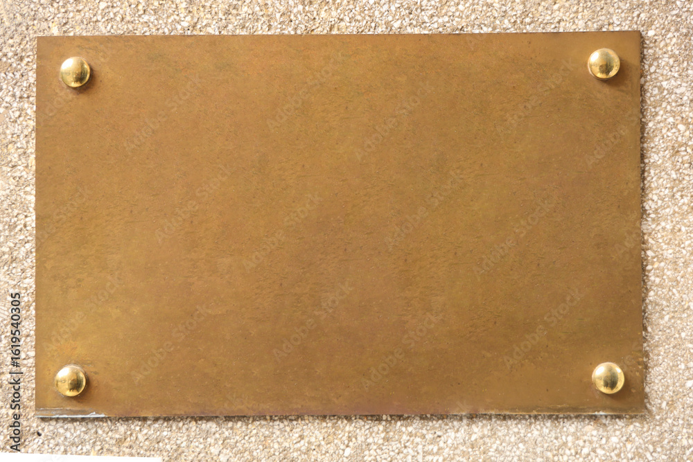 Fototapeta premium empty Mock up of yellow golden metal sign. Blank steel name plate on concrete wall. Signboard template mockup Gold iron Signboard on stucco plaster Wall for Modern Business Exterior Design Mock up