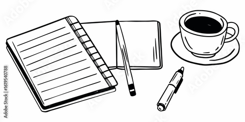 Illustration of a desk with notebooks a pen and a cup of coffee in a simple black and white style