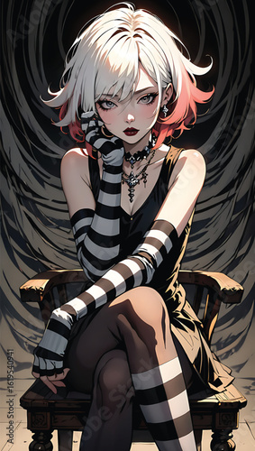 Anime Girl with White and Pink Hair in Striped Outfit Sitting on a Wooden Chair Digital Art