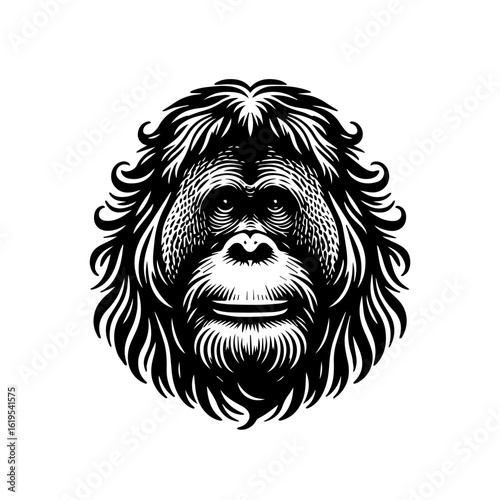 Stylized Black and White Orangutan Face Portrait.