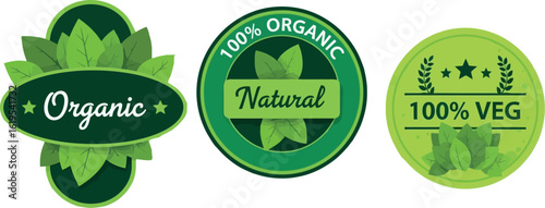 Organic natural veg food labels vector design for healthy eating concept vector design