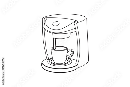 Simple Line Art Illustration of a Single Serve Coffee Maker Brewing a Cup of Coffee Isolated on a White Background Perfect for Iconography