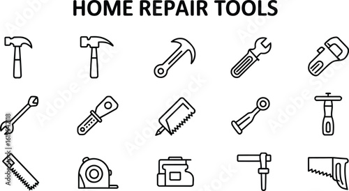 Line art illustration showing a variety of home repair tools on a light background