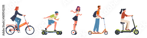Set of people men and women riding on eco friendly safety electric transport. Scooter, bicycle, skateboard, mini segway. Modern flat cartoon illustration isolated on white background