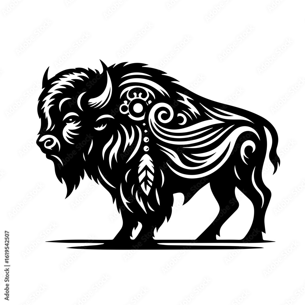 Fototapeta premium Stylized Black Bison with Tribal Ornaments.