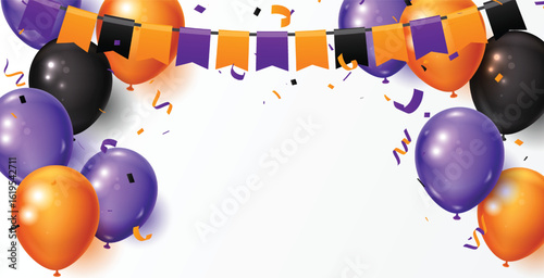 Purple and orange balloons, confetti, celebrations of halloween party flags garland banner and backgrounds