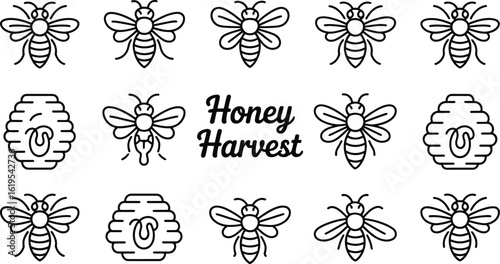 Honey harvest themed pattern with bees and beehives in a minimalist line art style