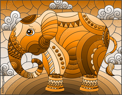 An illustration in stained glass style with abstract cute elephant on a sky background with clouds, tone brown