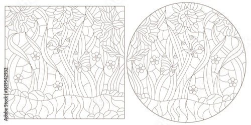 Set of contour illustrations in the style of stained glass with butterflies and ,daffodi, dark outlines on a white background