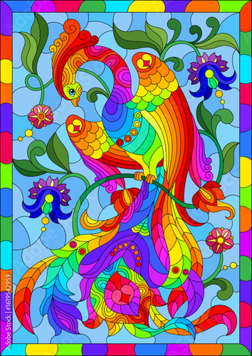 Illustration in the style of a stained glass window with a magical bright bird on a branch, against the background of the sky