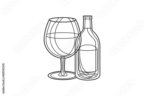 Elegant Wine Glass and Bottle Outline Illustration for Coloring Books and Creative Projects Featuring Simple Black Lines on a White Background Minimalist Design