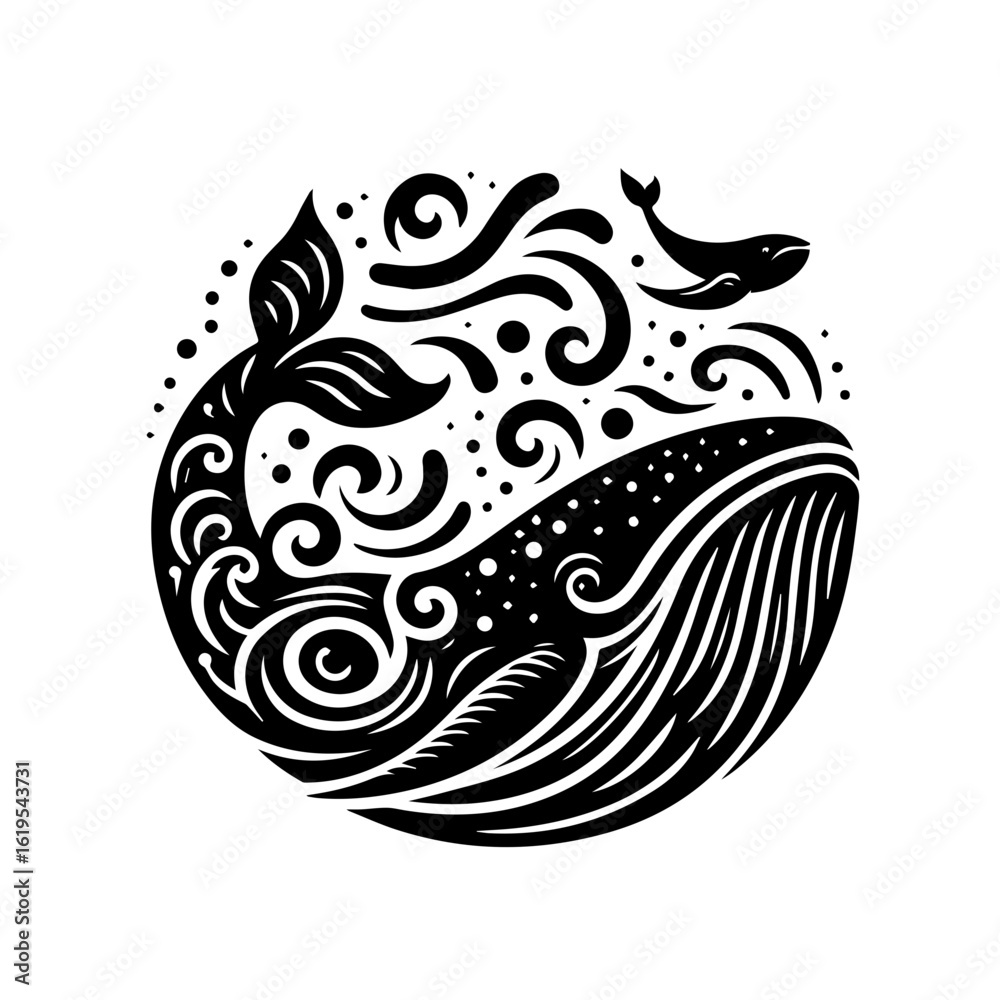 Obraz premium Stylized Black Whale and Dolphin in Circular Design.