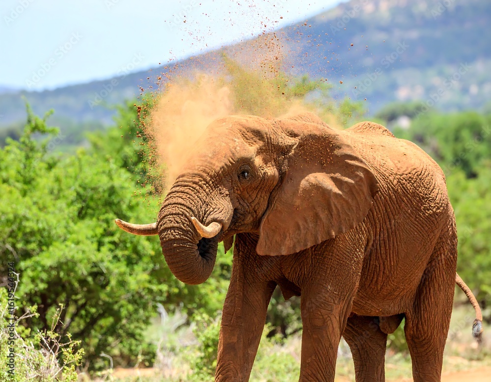 Fototapeta premium Elephant dust bath in savanna
