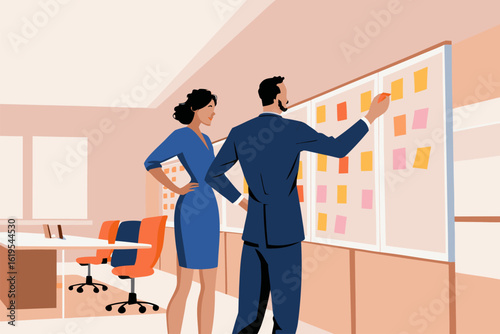 Zespół profesjonalistów planuje strategię na tablicy z zadaniami. Koncepcja współpracy i zwinnego zarządzania projektem.