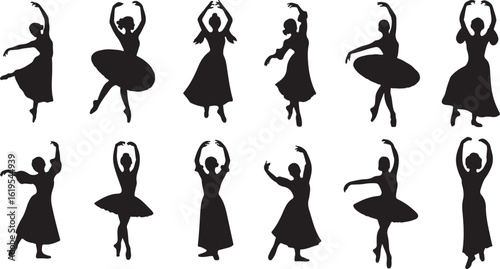 Set of black vector silhouettes showing ballet dancers in elegant dance poses