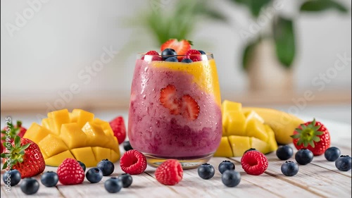 Delicious smoothie of berries and fruits in a glass on the table, the table also has juicy pieces of fruit and berries
