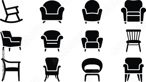 A collection of twelve different chair icons in black silhouette on white background