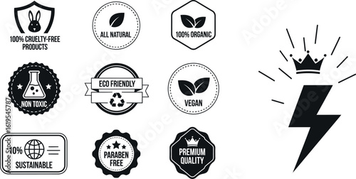 Eco friendly cruelty free organic vegan product labels and lightning bolt vector design