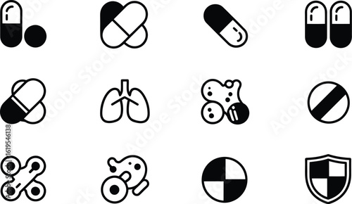A collection of medical icons including pills lungs and a shield on a gray background