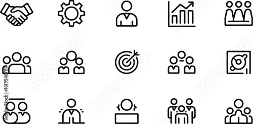 A collection of business and teamwork icons arranged on a light gray background