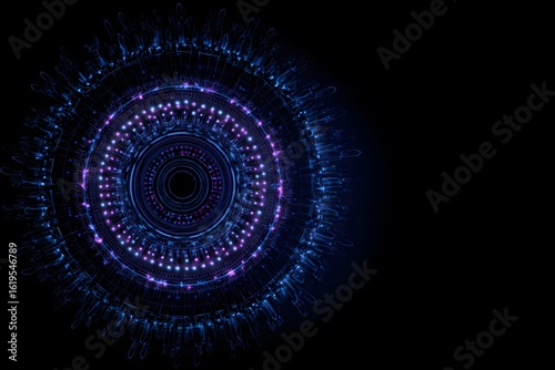 Wallpaper Mural A dark background with blue and purple neon lights forming an intricate circular pattern, surrounded by glowing data points and lines representing digital technology. Torontodigital.ca