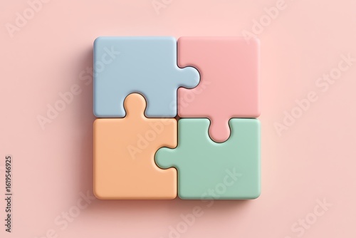Four pastel puzzle pieces interlock to form a square, embodying unity and collaborative solutions.