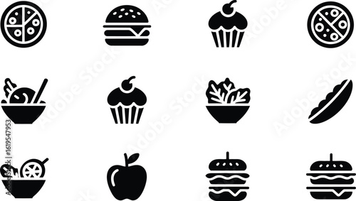 A collection of black and white food icons including pizza burger and salad bowls