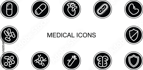 Collection of medical icons including pills heart bacteria and other health symbols