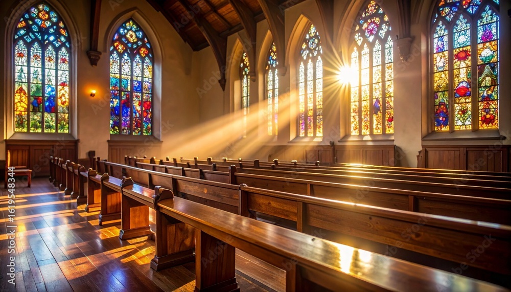 Obraz premium Golden light streaming through stained windows in old chapel.