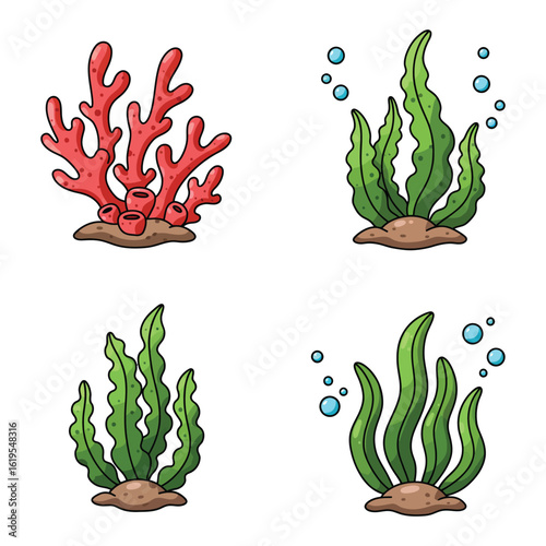 Seamless Pattern with Cartoon Seaweed and Coral on White Background