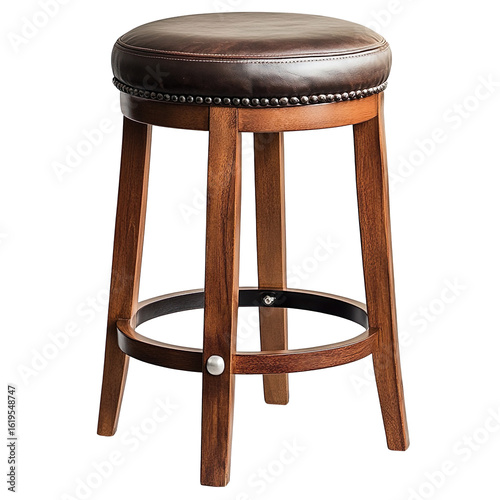 Wooden bar stool with leather seat isolated on transparent background