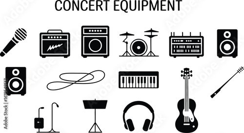 A collection of musical instruments and equipment in black silhouette style art