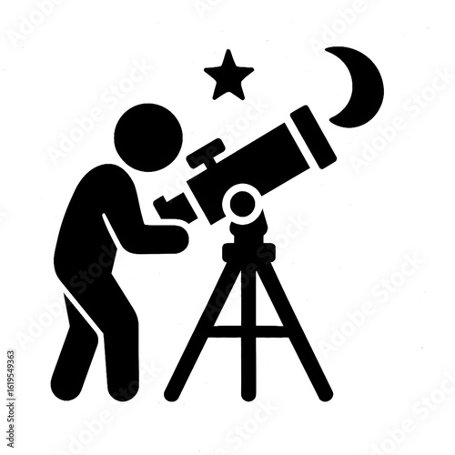 silhouette of person looking through telescope at star and moon
