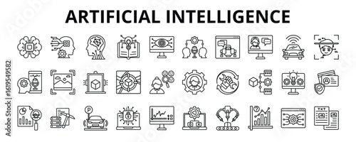 30 Artificial Intelligence Line Icons Vector - AI brain, Machine learning, Chatbot, Robotic Process, Computer vision, Virtual assistant 