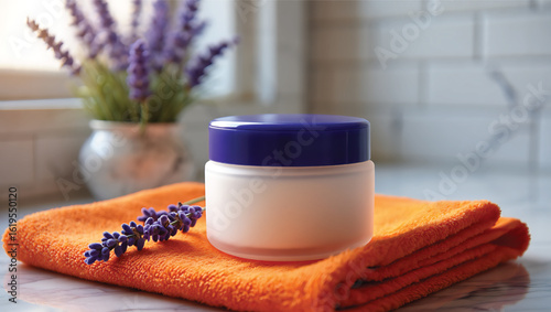 Elegant Beauty Cream Jar with Lavender Accents on a Bright Orange Towel for Spa and Self Care Product Presentation