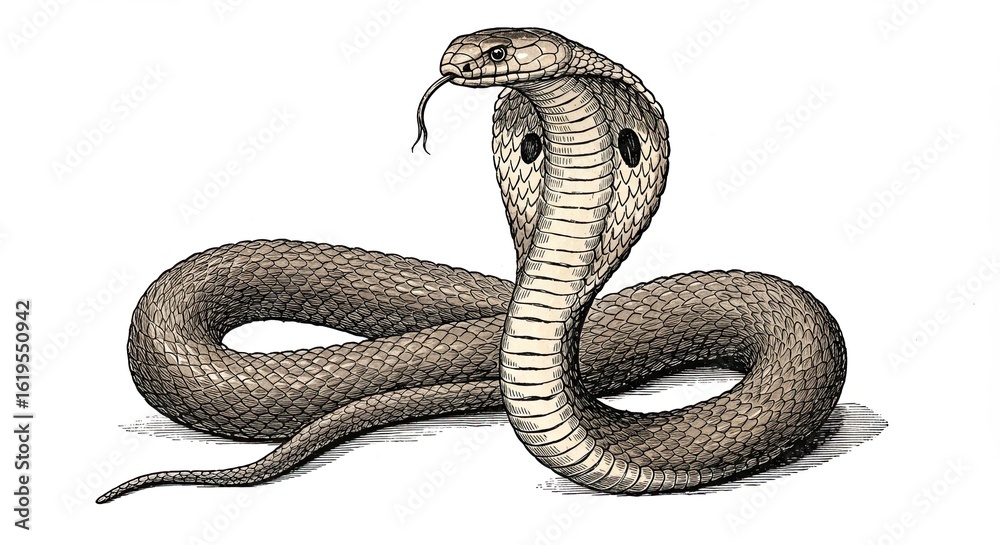 Fototapeta premium Dangerous Cobra with Hood Up Vintage Snake Engraving