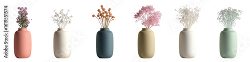 Assorted small vases with dried flower arrangements