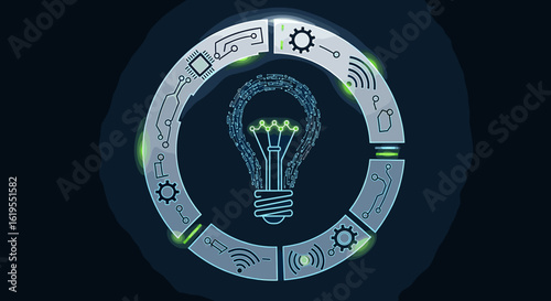 Illumination of Innovation: A striking graphic showcases a stylized lightbulb enveloped by a circular array of digital icons.