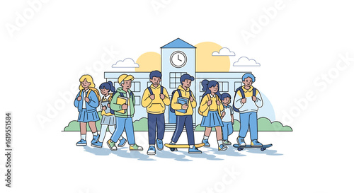 School day: A group of students walking with backpack at the front of the school, showing the excitement for a new school day and the spirit of knowledge.