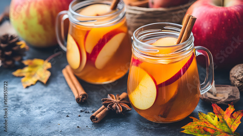 Autumnal spiced apple cider in mason jars