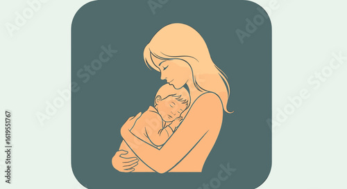 Mother's Embrace: A tender line drawing portrays a mother cradling her sleeping baby, capturing a moment of maternal affection and love, filled with a soft and serene color palette.