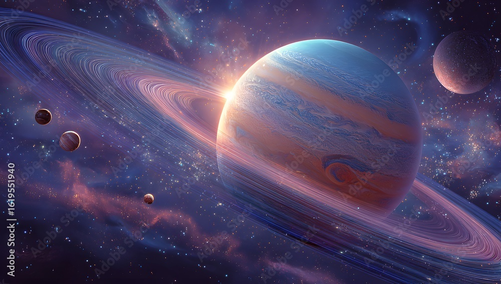 Obraz premium Stunning view of a ringed planet and its moons in deep space with glowing light