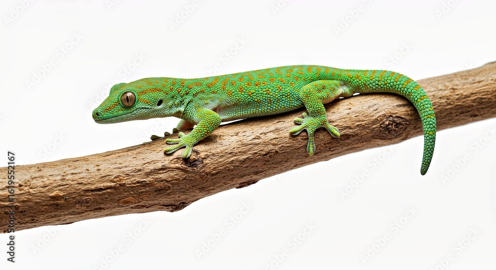 Fototapeta premium Detailed Gecko Clinging Firmly to Natural Branch Texture