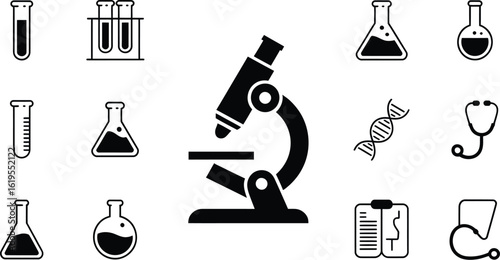 Black and white illustration of medical science equipment and healthcare icons