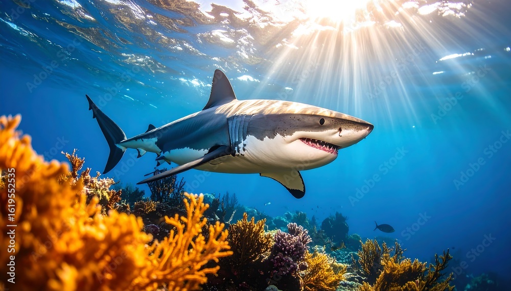 Fototapeta premium Great white shark swims over vibrant coral reef, sun rays illuminating scene