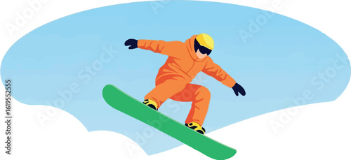 Illustration of snowboarder performing trick in winter sports and snow scene